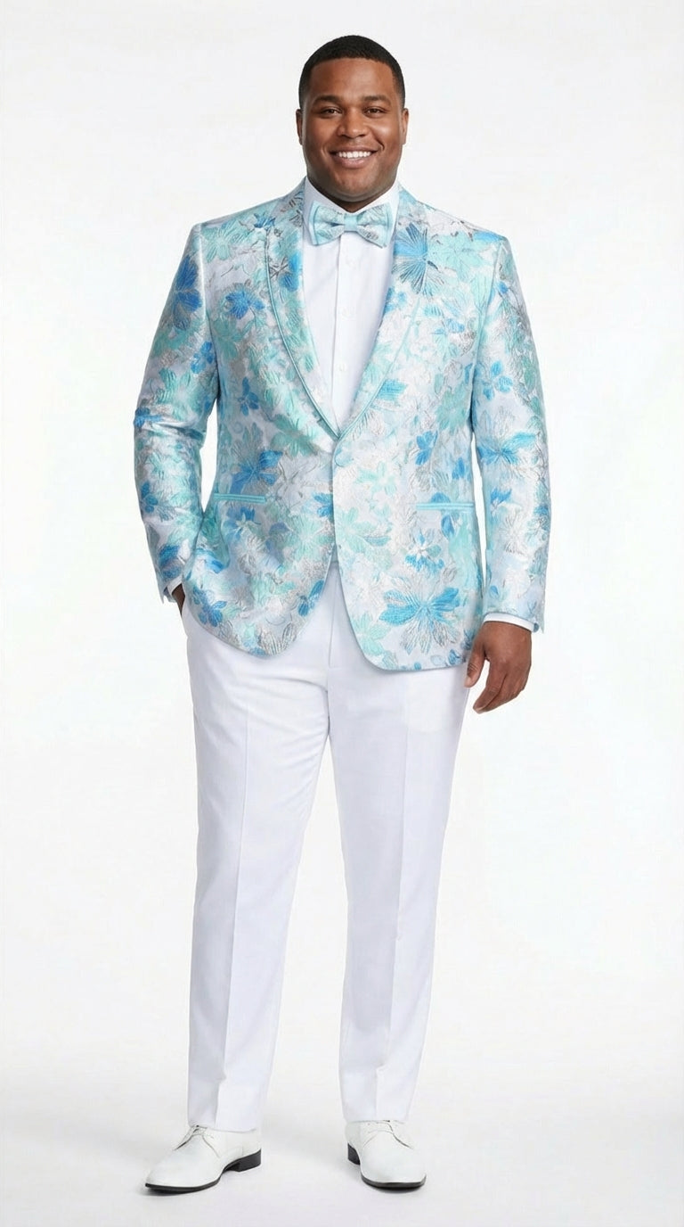 Mens Light Blue Floral Jacquard Tuxedo Jacket with Matching Bow Tie | Formal Prom Wedding Blazer + Bowtie Turqoise Aqua Color