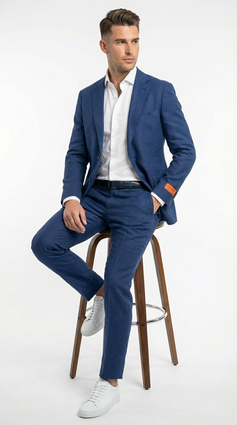 Mens Enzo Tovare Denim Blue Linen Summer Suit – Breathable Two Piece Suit for Wedding, Business, Travel - 34 Short or Extra Small