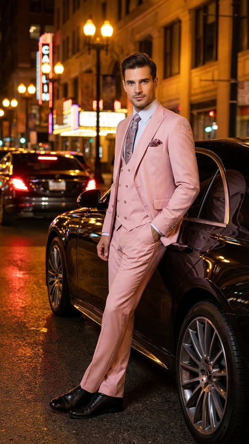 Mens Blush Pink and Gold Three-Piece Suit Tailored Fit Formal Wedding, Vested Suit By Rossiman