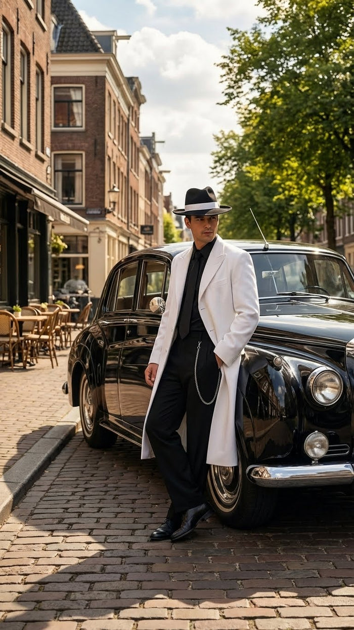 Mens White Long Zoot Style Suit  | Vintage Gangster Mafia Formal Coat with Black Pants