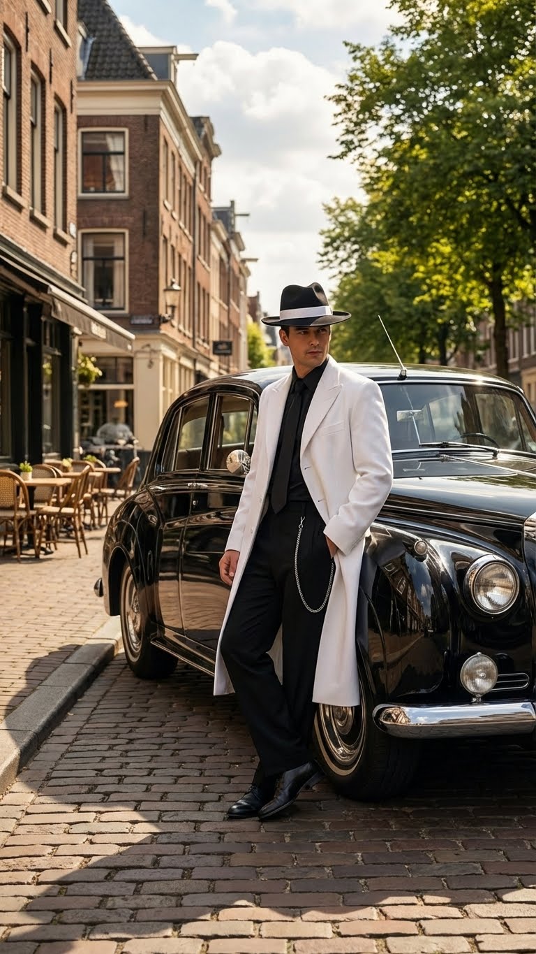 Mens White Long Zoot Style Suit  | Vintage Gangster Mafia Formal Coat with Black Pants