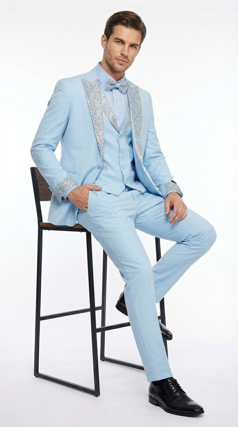 Men’s Light Blue Suit with Silver Glitter Lapel – Light Blue Formal Tuxedo Suit for Prom, Wedding and Special Occasion Wear in Sky Baby Blue - 34 Short or Extra Small