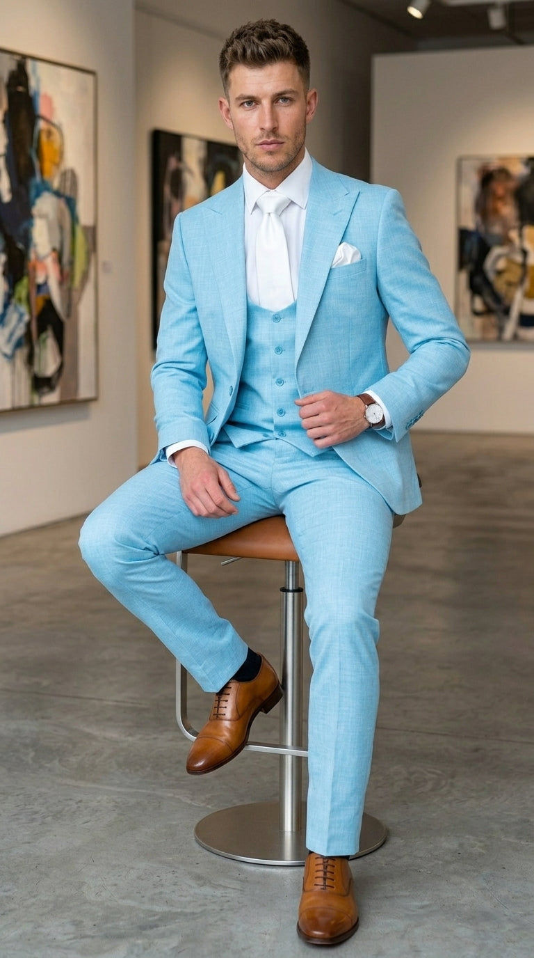 Men’s Turquoise Light blue Suit, Vested Formal Dress Suit for Weddings, Prom, Summer Parties, and Special Occasions in Aqua Blue Color By Rossiman - 34 Short or Extra Small