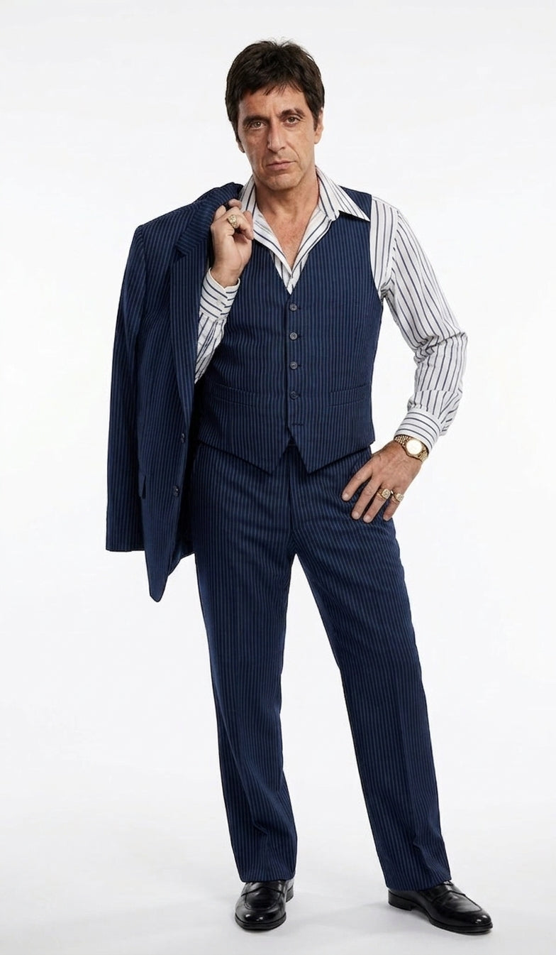 Tony Montana’s Blue Pinstripe 3 Piece Suit – Men’s Vintage Blue Striped Suit for Wedding, Prom and Classic Formal Wear - 34 Short or Extra Small