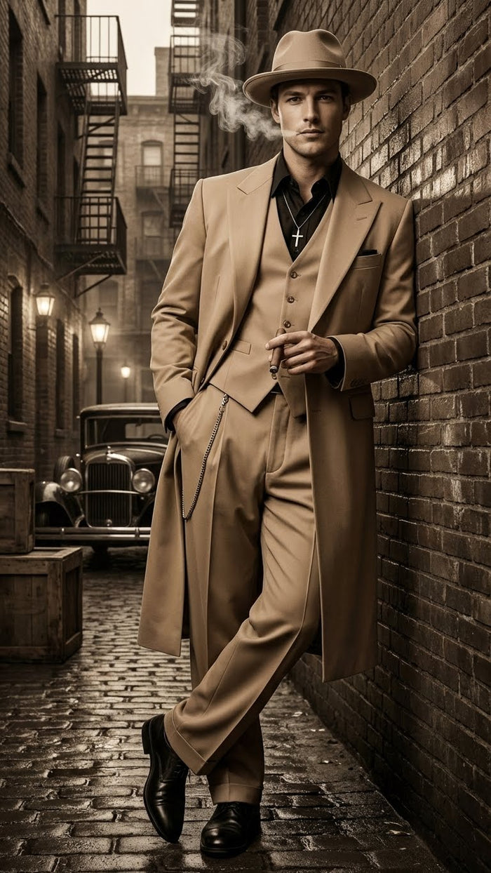 Mens 1920s Beige Zoot Suit Long Mafia Gangster Three-Piece Suit in Tan Khaki Color 40 inch Zuit Pachuco Suit