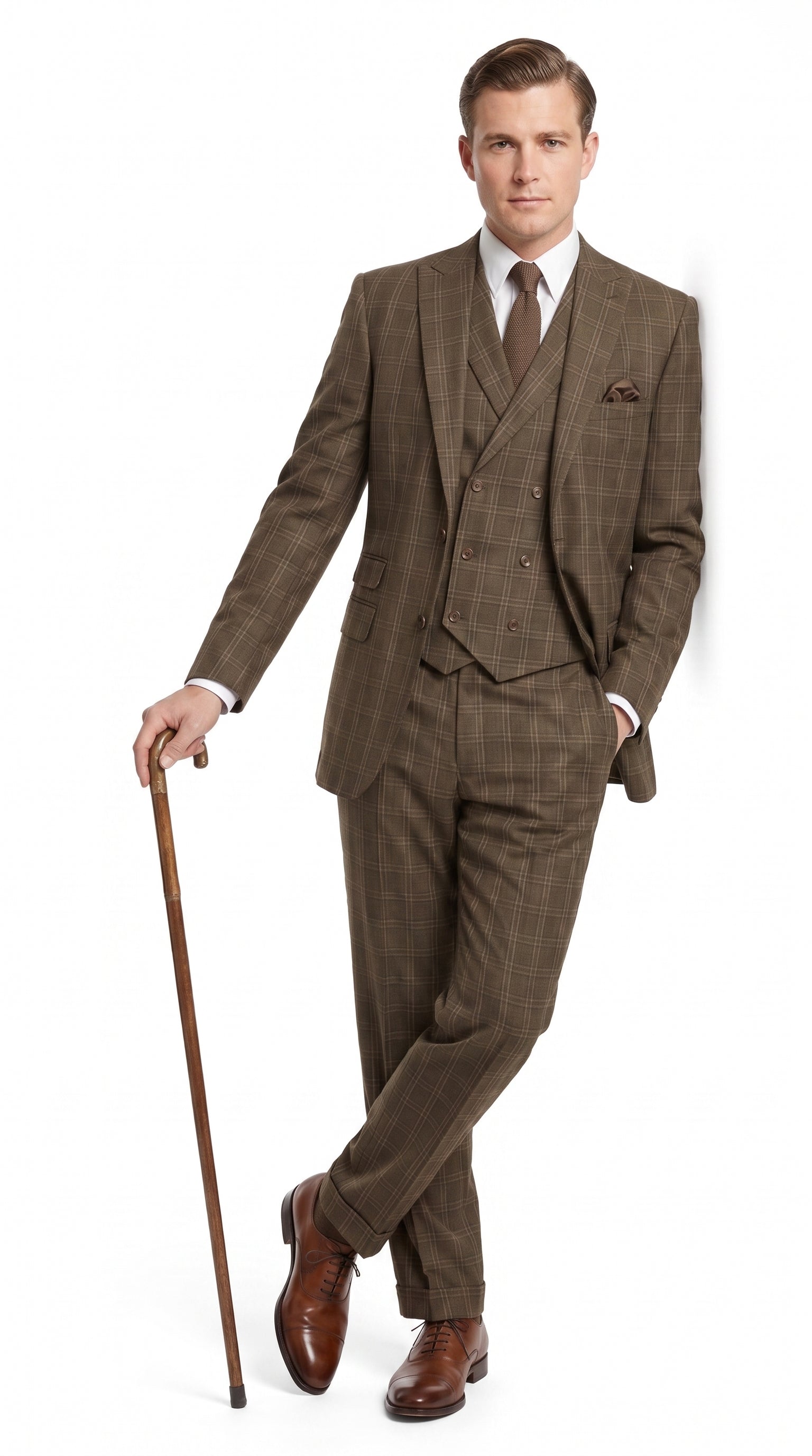 Men’s 1930s Brown Plaid 3 Piece Suit, Vintage Formal Wedding Business Dress Suit Set - 34 Short or Extra Small