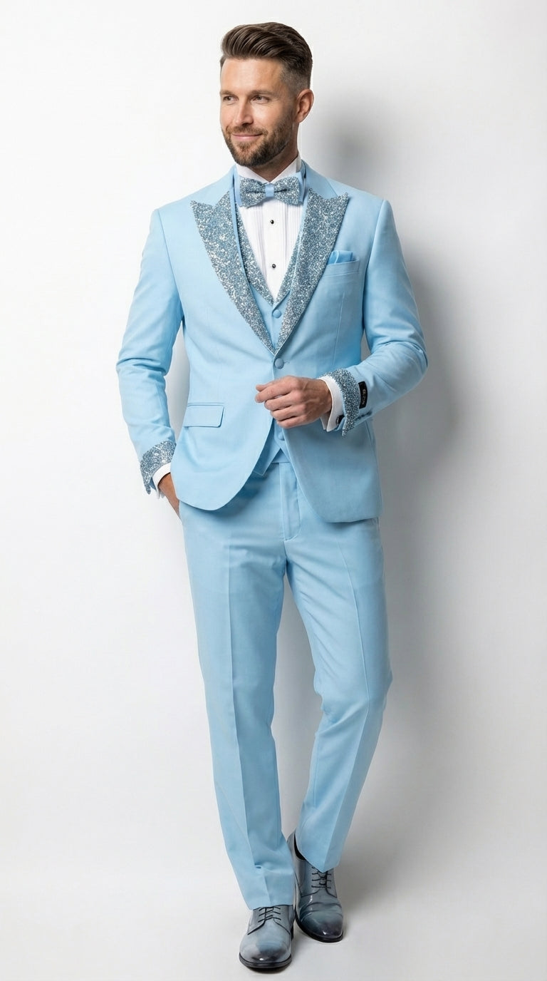 Mens Light Blue 3 Piece Prom Tuxedo – Sky Blue Formal Suit with Sequin Lapel Wedding Party Tuxedo Set in Baby Blue - 34 Short or Extra Small