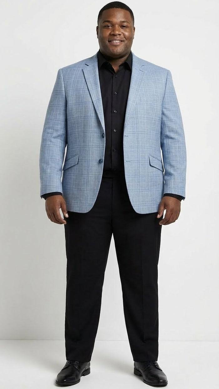 Mens Big and Tall Light Blue Checkered Blazer and Sport Coat Sky powder blue windowpane plaid pattern Jacket