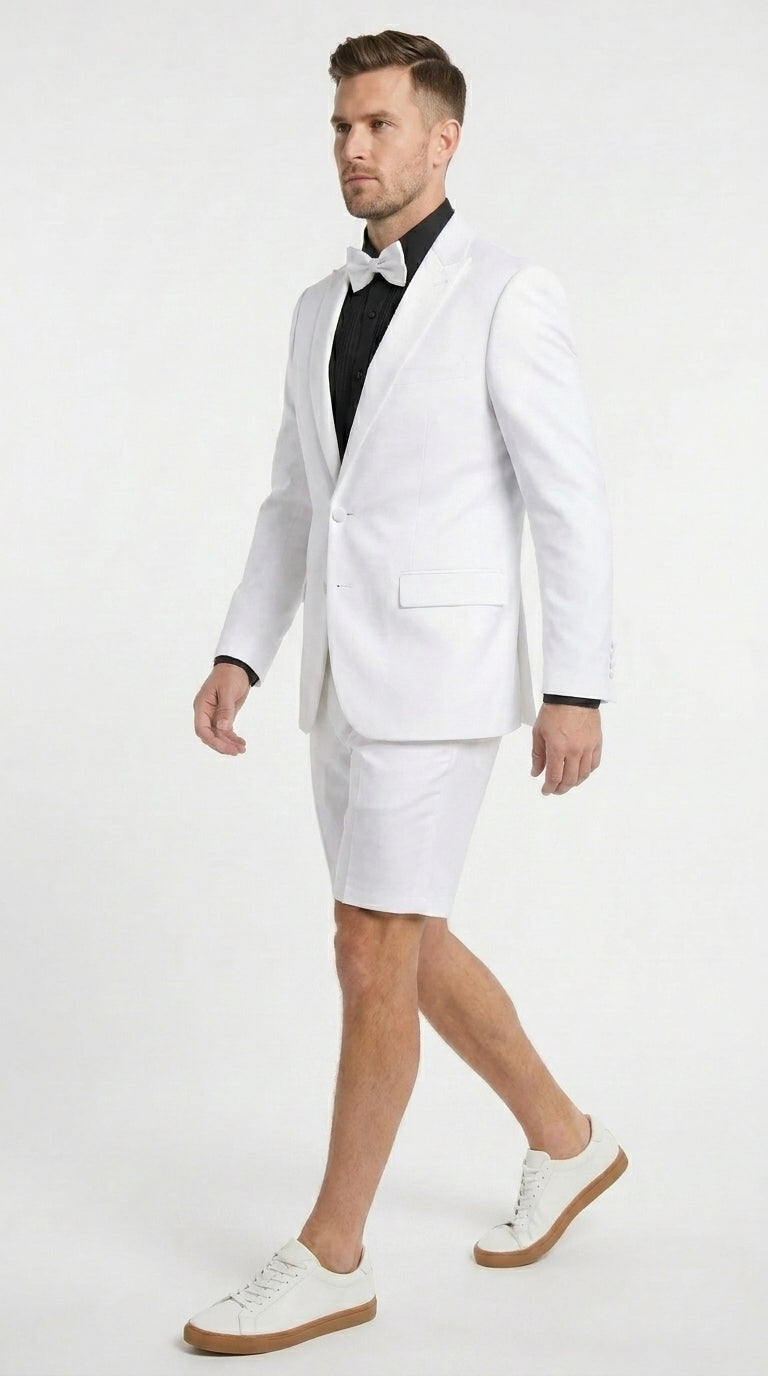 Men’s White Tuxedo Suit with Shorts – Modern Formal Blazer and Short Pants Set for Wedding, Prom Summer Fabric - 34 Short or Extra Small
