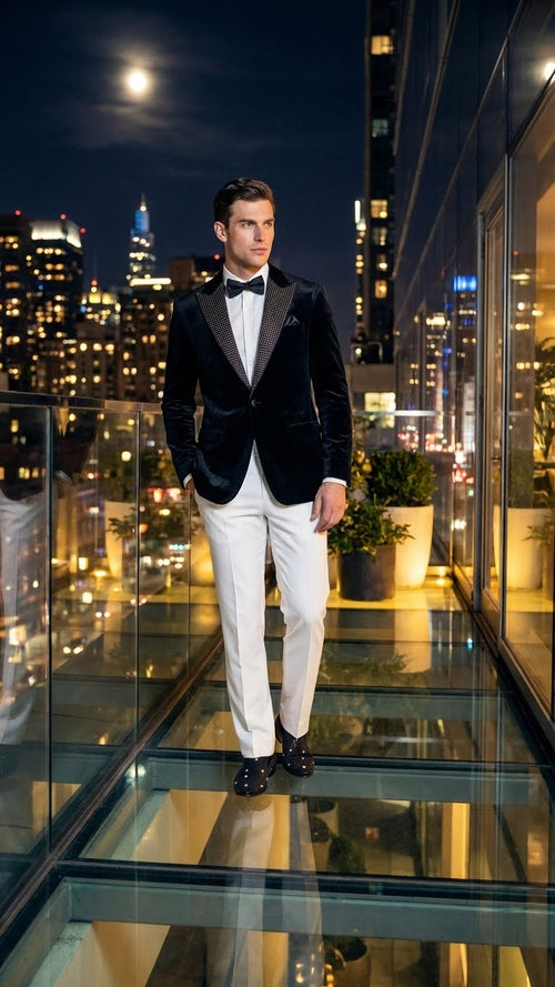 Mens Black Velvet Tuxedo Blazer with Studded Lapel  Formal Evening Jacket