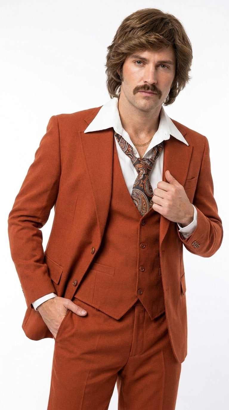 Men’s Burnt Orange 3-Piece Suit – 1970s Disco, Retro Rockabilly, Prom and Party Suit - 34 Short or Extra Small