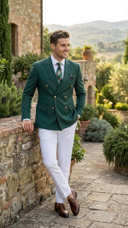 Mens Dark Green Double Breasted Blazer Hunter Olive Green Sport Jacket coat