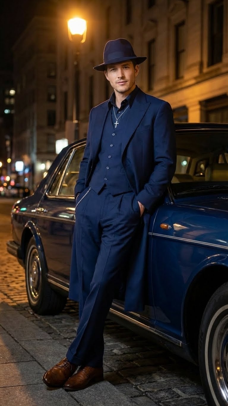 Men’s Navy Blue 1920s Zoot Suit – Long Mafia Gangster Three-Piece Vintage Costume Set Zuit Pachuco Style - 34 Short or Extra Small