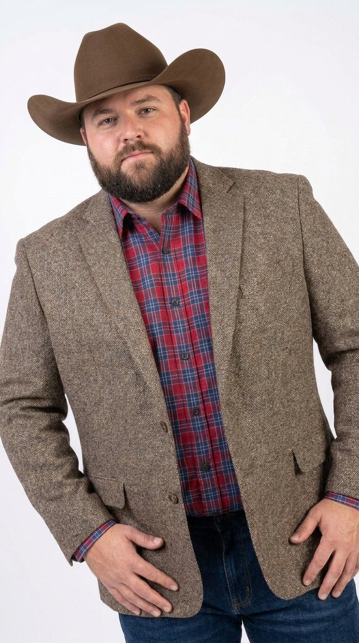 Men’s Light Brown Western Blazer – Textured Tweed Herringbone Cowboy Sport Coat for Rodeo, Country Taupe Dark Tan Color Wool Fabric