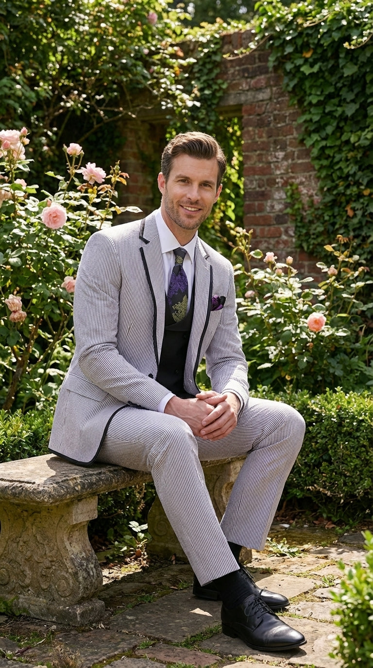 Mens Black and White Pinstripe Wedding Tuxedo Suit – Three Piece Formal Suit Set with Contrast Trim for Groom, Prom - Seersucker Summer Suit - 34 Short or Extra Small
