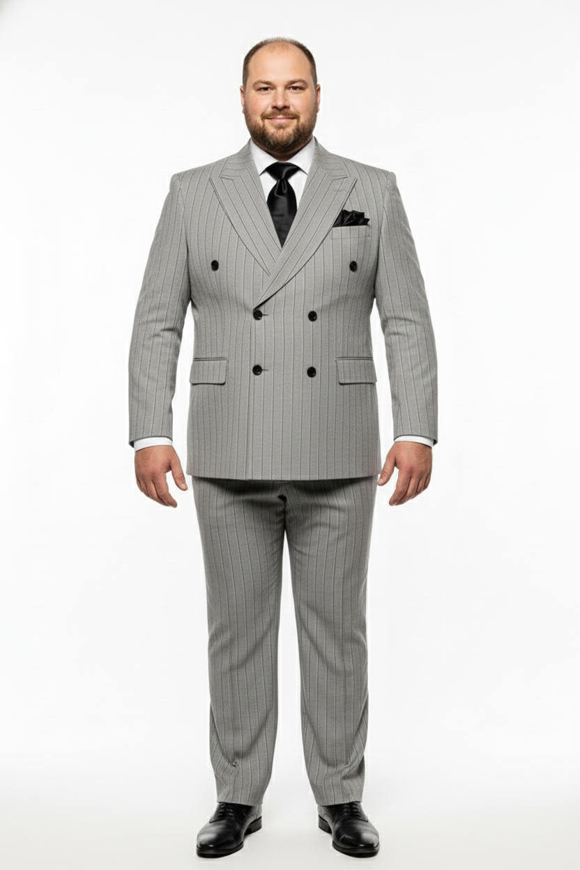 Men’s Grey and Black Pinstripe Double-Breasted Suit – 1920s Gangster Vintage Looking suit By Rossiman - 34 Short or Extra Small