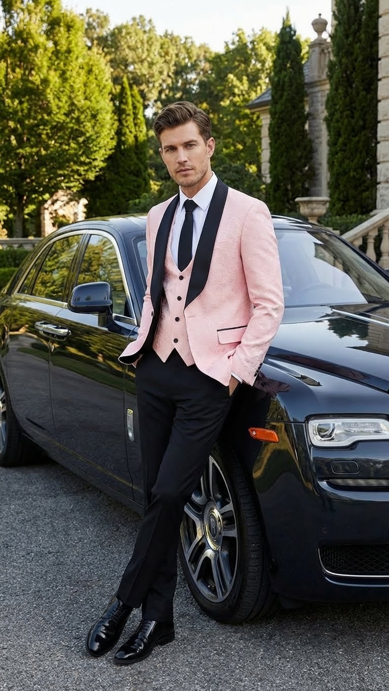 Mens Blush Pink Tuxedo Suit Set with Black Shawl Lapel 3 Piece Formal Wedding and Party Prom Vest + Black Pants - 34 Short or Extra Small