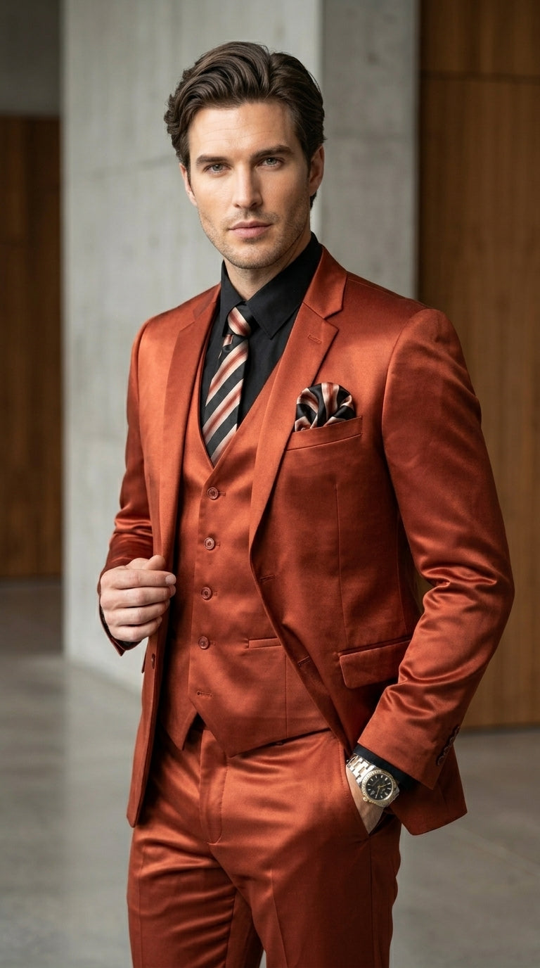 Men’s Rust Copper Coganc Shiny Sateen 3 Piece Suit, Vested Formal Wedding Prom Suit Set Ultra Slim Fit