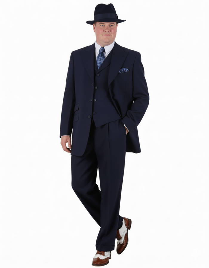 Mens 1920s Navy Blue Zoot Suit Classic Gangster 3-Piece Long  - Pleated Pants
