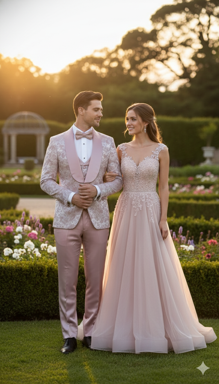 Men’s Light Pink Dusty Rose -  Floral Tuxedo Suit – Luxury Satin Shawl Lapel 3-Piece Formal Wedding and Prom Suit in Blush Mauve color - 34 Short or Extra Small