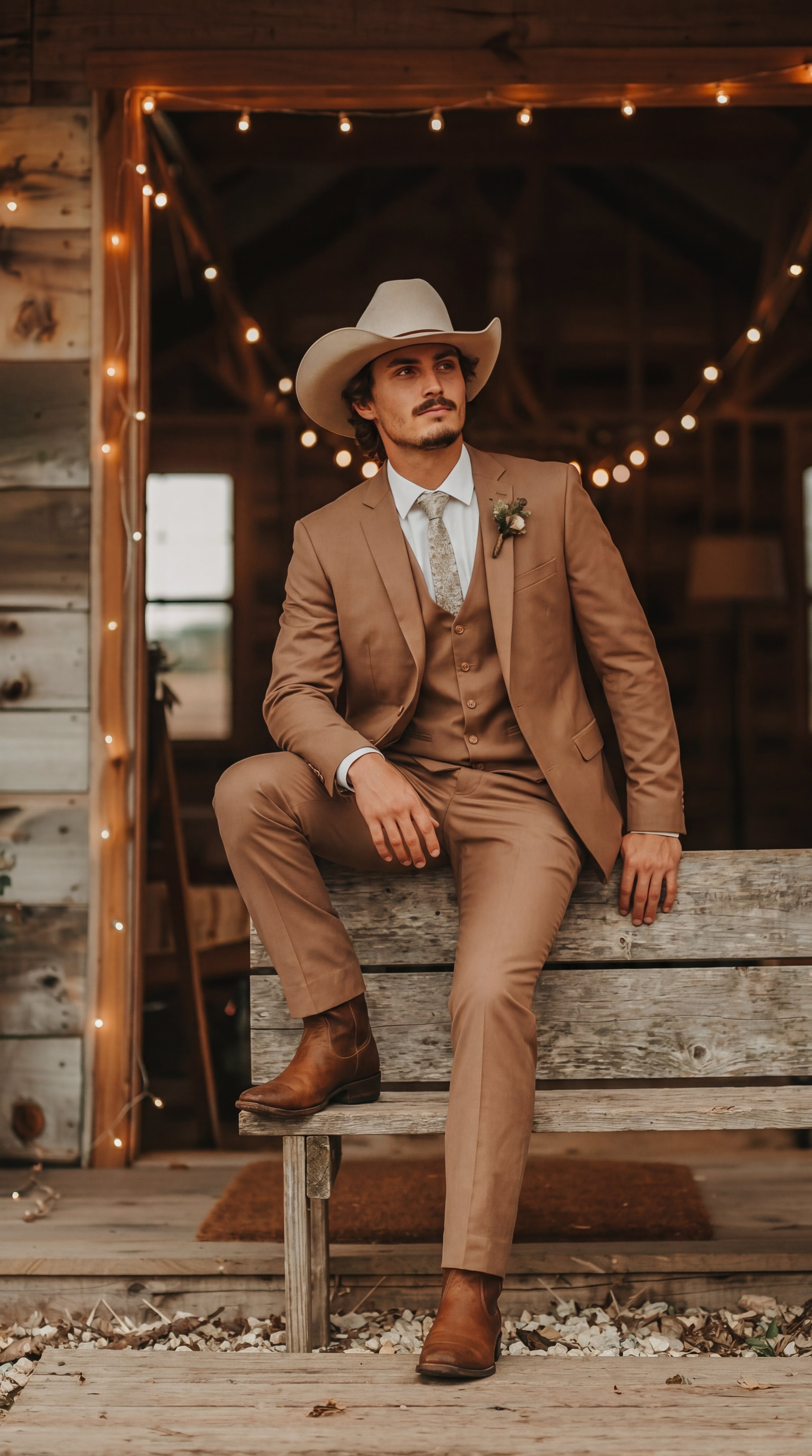 Mens Camel Brown Copper Western 3 Piece Suit – Classic Country Style Blazer Vest Pants Set, Formal Cowboy Suit Outfit - 34 Short or Extra Small