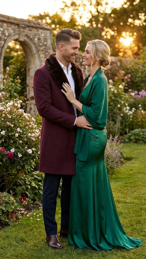 Mens Burgundy Three Quarter Coat with Faux Fur Collar Overcoat Luxury Winter Outerwear Three Quarter Carcoat Topcoat