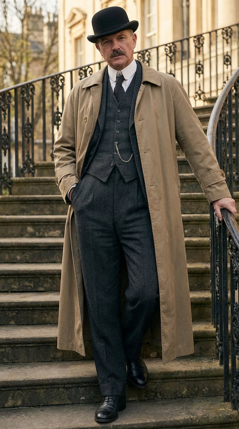 Men’s Beige Cotton Trench Coat Suit Package – Classic Long Overcoat for Formal + Suit + Hat - Coat Size 38