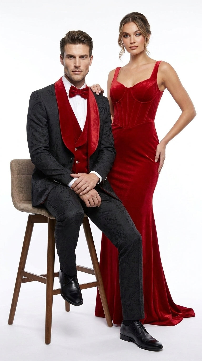 Men’s Black Paisley Tuxedo with Red Velvet Shawl Lapel – 3 Piece Wedding Prom Suit With Matching Bowtie - 34 Short or Extra Small