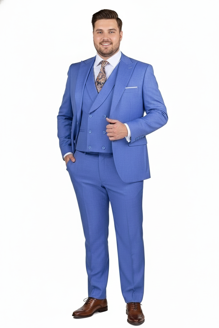 Men’s Light Blue Double-Breasted 3-Piece Suit Set – Tailored Fit Formal Business Suit in Steel Blue Sky Blue Color - 34 Short or Extra Small