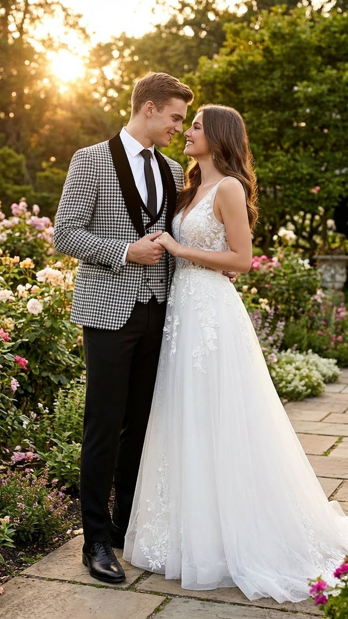 Mens Black and White Houndstooth Tuxedo Set with Velvet Shawl Lapel | 3-Piece Formal Suit with Double-Breasted Vest