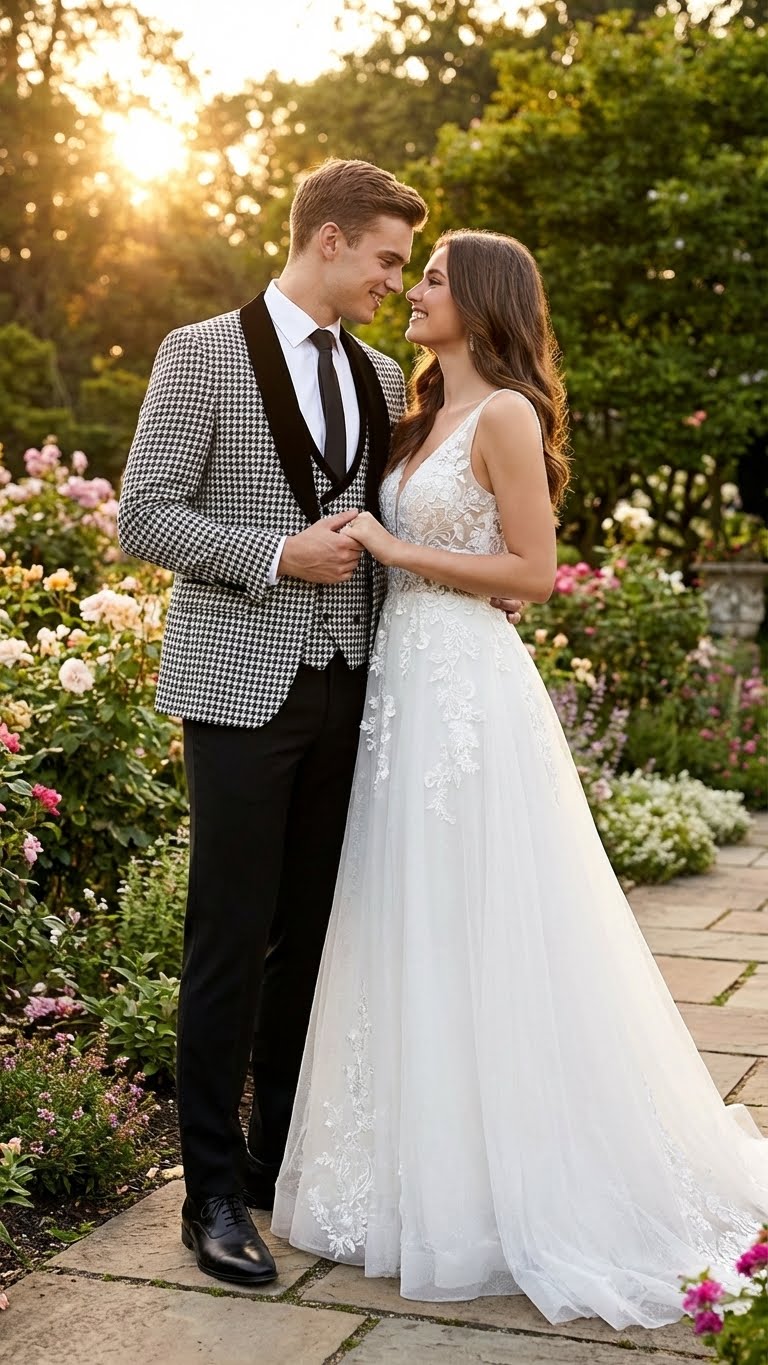 Men’s Black and White Houndstooth Tuxedo Set with Velvet Shawl Lapel | 3-Piece Formal Suit with Double-Breasted Vest - 34 Short or Extra Small