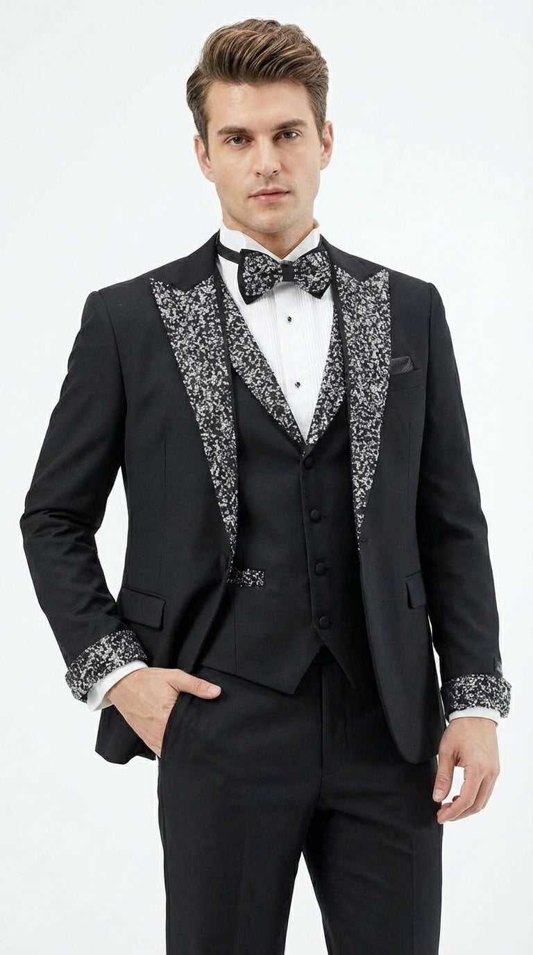 Mens Black and White Lapel Tuxedo Suit – Black Formal Tuxedo with White Pattern Lapel for Wedding, Prom and Evening Events - 34 Short or Extra Small