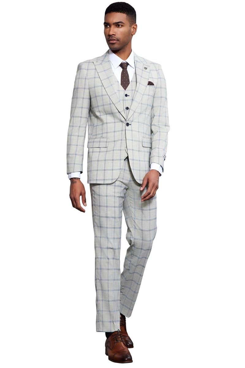 Men's Stacy Adams One Button Peak Lapel Vested Windowpane Plaid Suit in Grey & Blue - 38 Regular