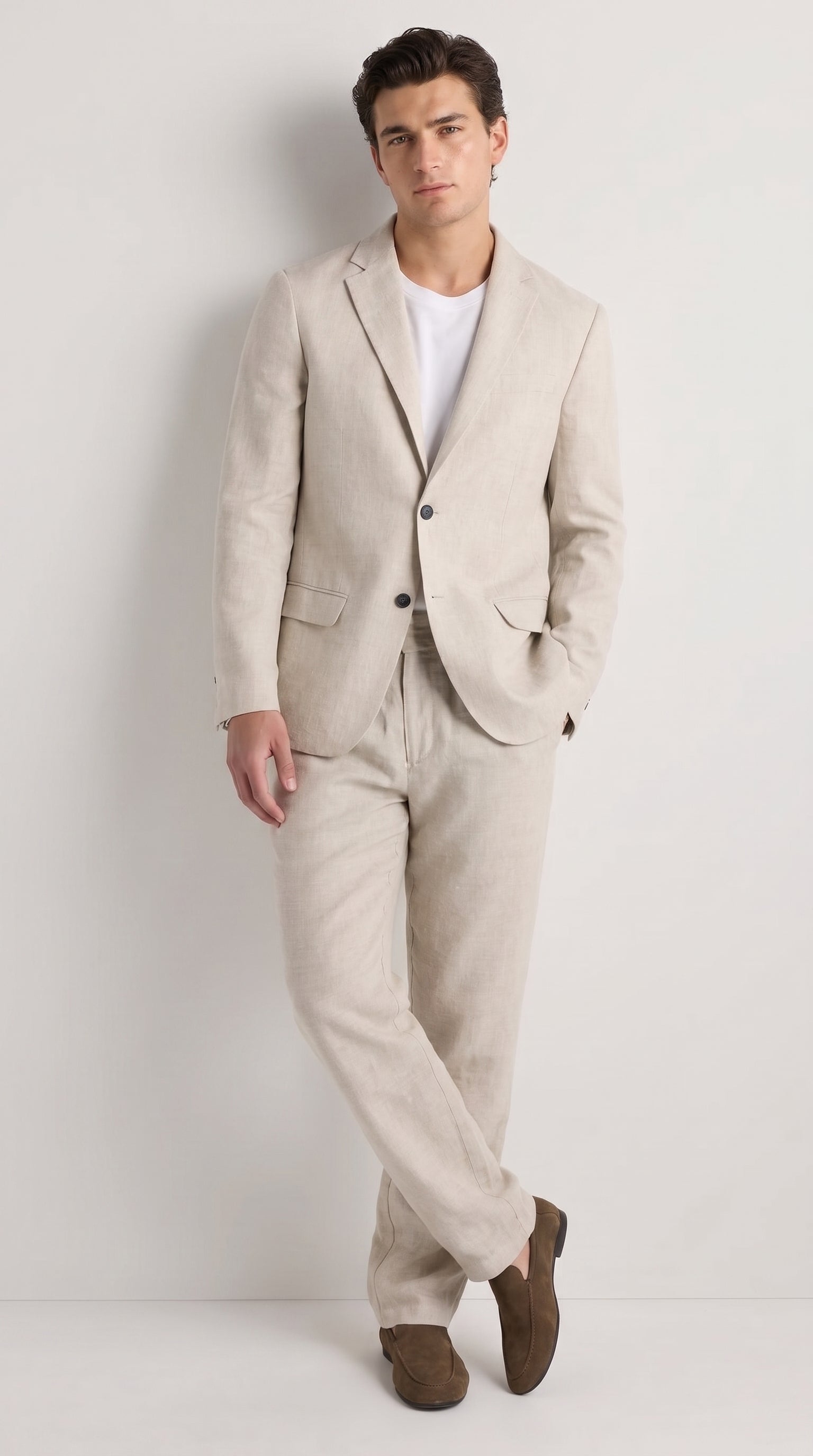 Men’s Informal Summer Suit, Light Beige Casual Linen Style Blazer and Pants Set