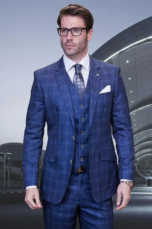 Statement Men's Algani Indigo 3PC Plaid Suit