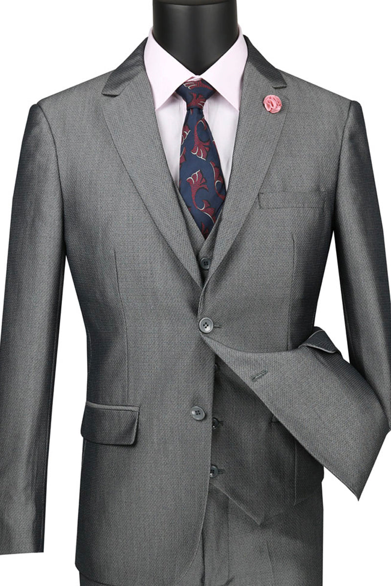 Mens Ultra Slim Fit Vested Textured Suit in Grey - 36 Short