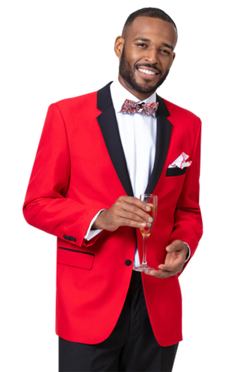 "RED MODERN FIT TUXEDO FOR MEN - TWO BUTTON WITH BLACK LAPEL"