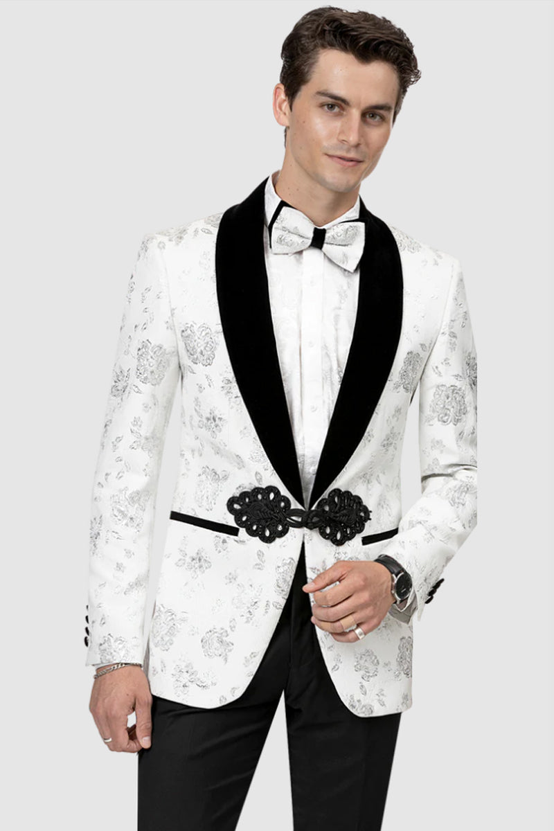 "White Paisley Men's Velvet Shawl Lapel Prom Tuxedo Smoking Jacket"