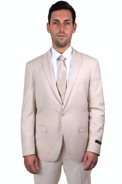 "Men's Skinny Wedding Suit - One Button Peak Lapel with Lowcut Vest, Tan"