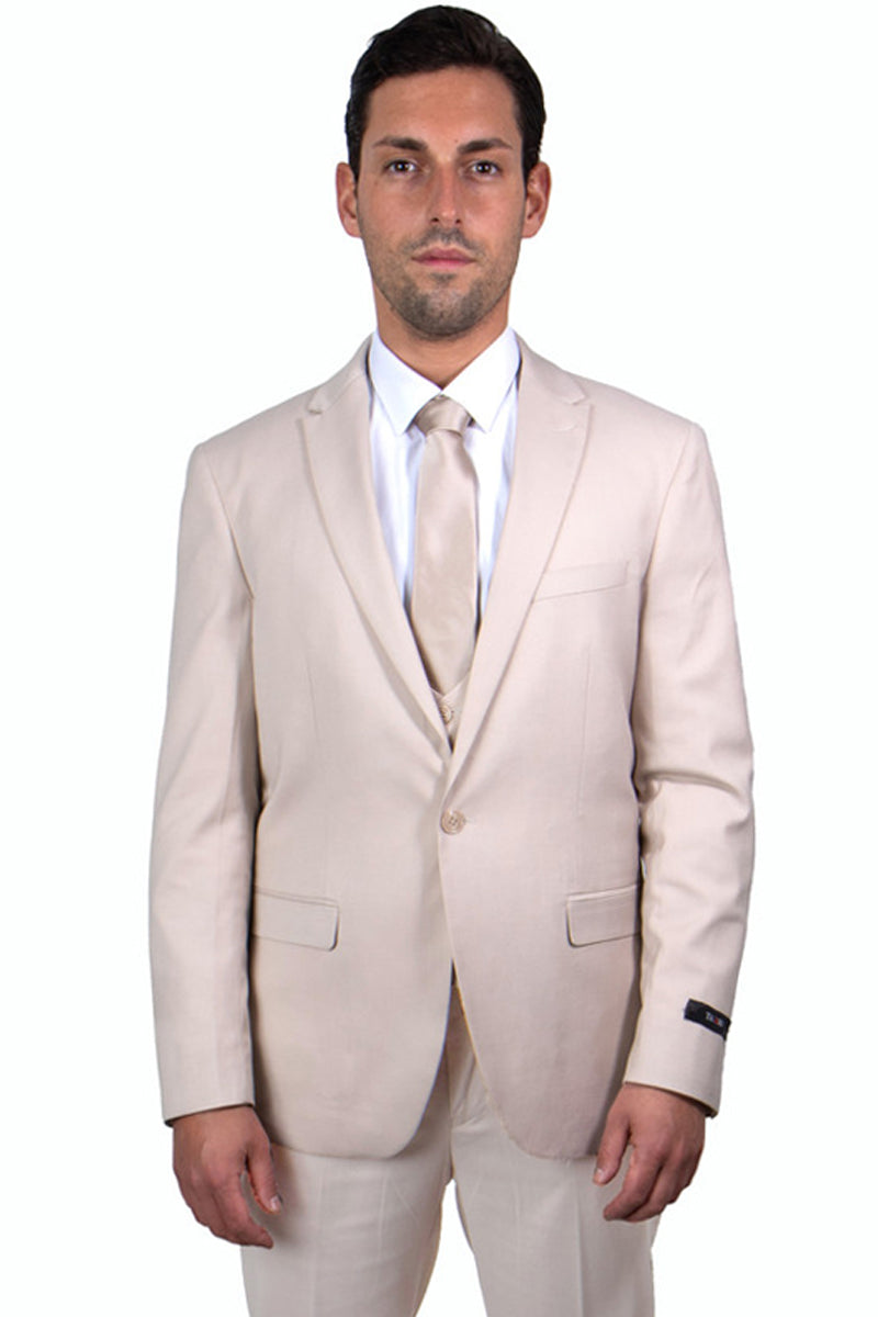 "Men's Skinny Wedding Suit - One Button Peak Lapel with Lowcut Vest, Tan" - 34 Short