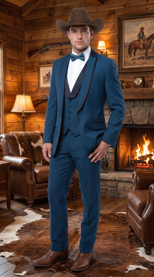 Men’s Teal Blue Western Tuxedo Suit, 3 Piece Cowboy Formal Wedding Prom Suit with Black Shawl Lapel Saphire