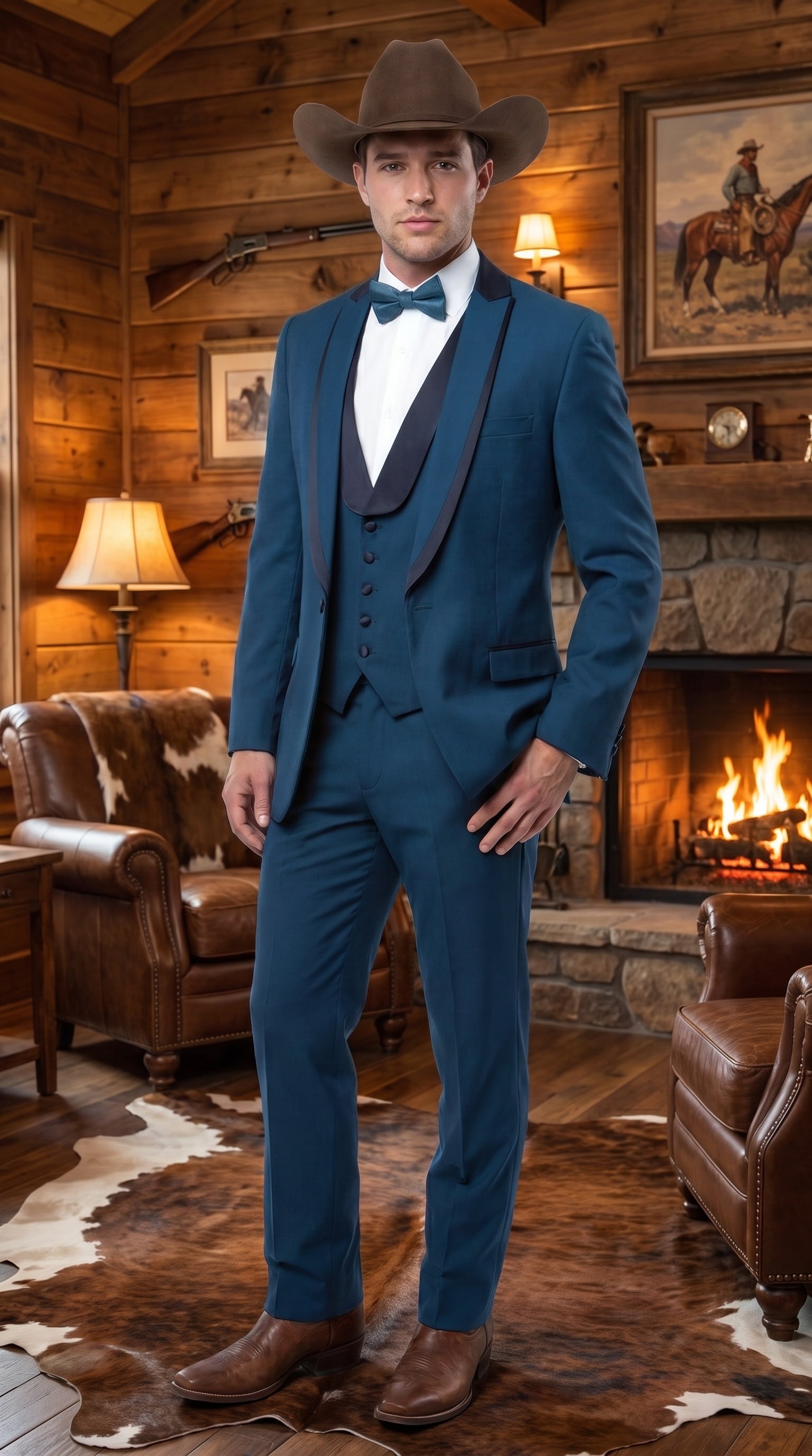 Men’s Teal Blue Western Tuxedo Suit, 3 Piece Cowboy Formal Wedding Prom Suit with Black Shawl Lapel Saphire