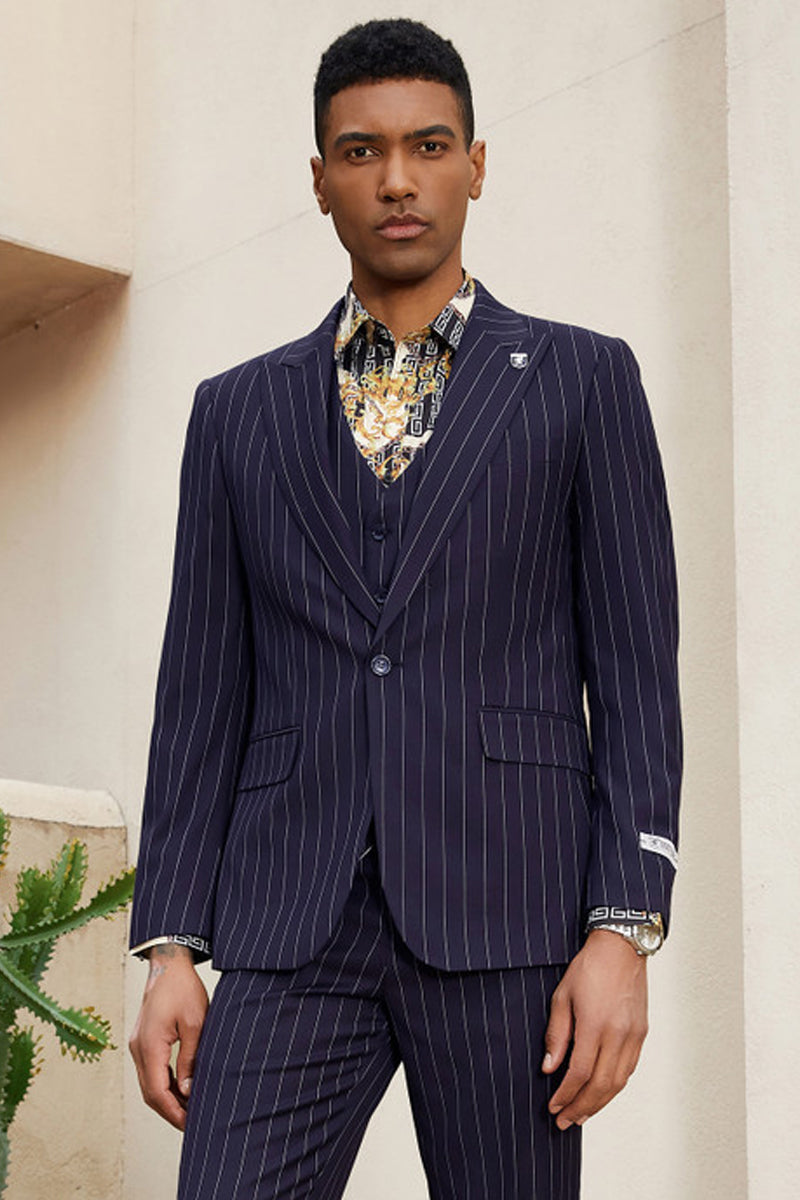 "Stacy Adams Men's Modern Vested Suit - One Button, Midnight Purple Pinstripe" - 34 Short
