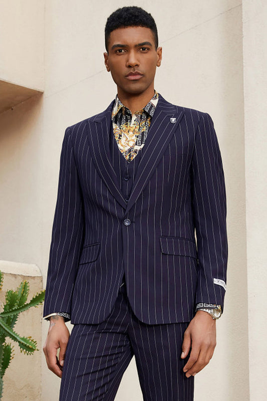 "Stacy Adams Men's Modern Vested Suit - One Button, Midnight Purple Pinstripe"