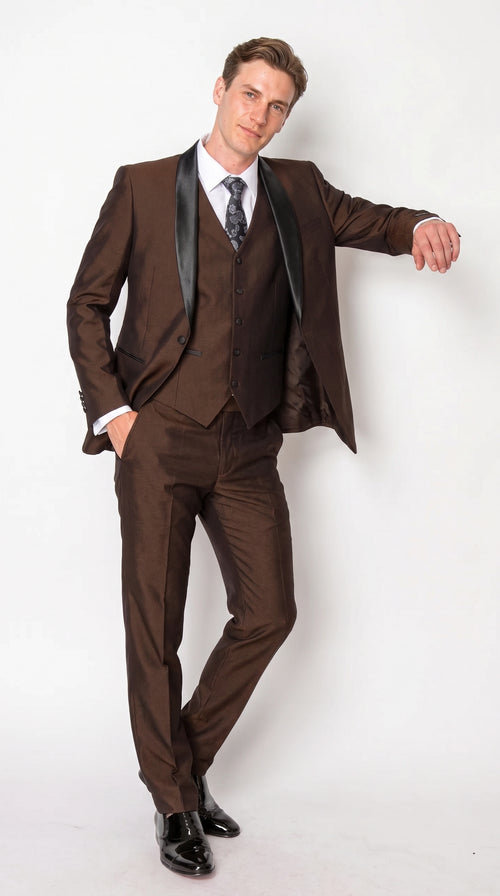 Men’s Chocolate Brown 3-Piece Tuxedo Suit with Black Satin Shawl Lapel – Shawl Collar Vested