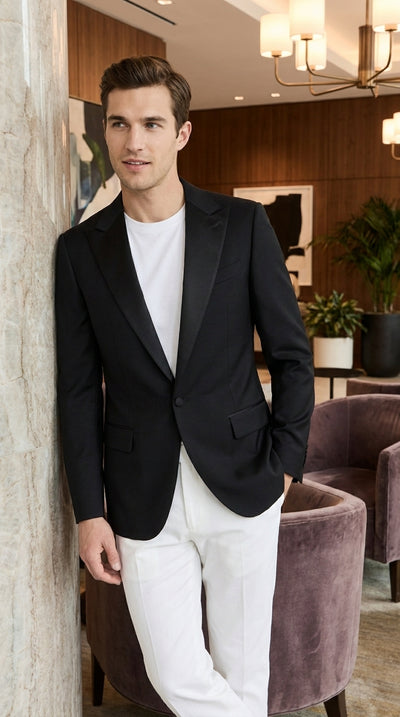 Men’s Classic Black Dinner Jacket – Satin Peak Lapel Formal Tuxedo Blazer