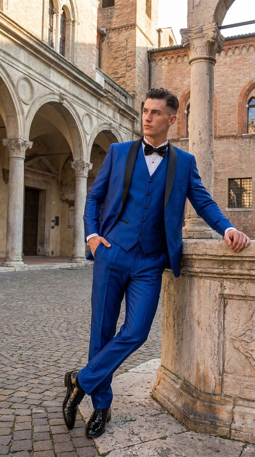 Men’s Shiny Royal Blue 3 Piece Tuxedo – Vested Wedding & Prom Suit with Black Shawl Lapel