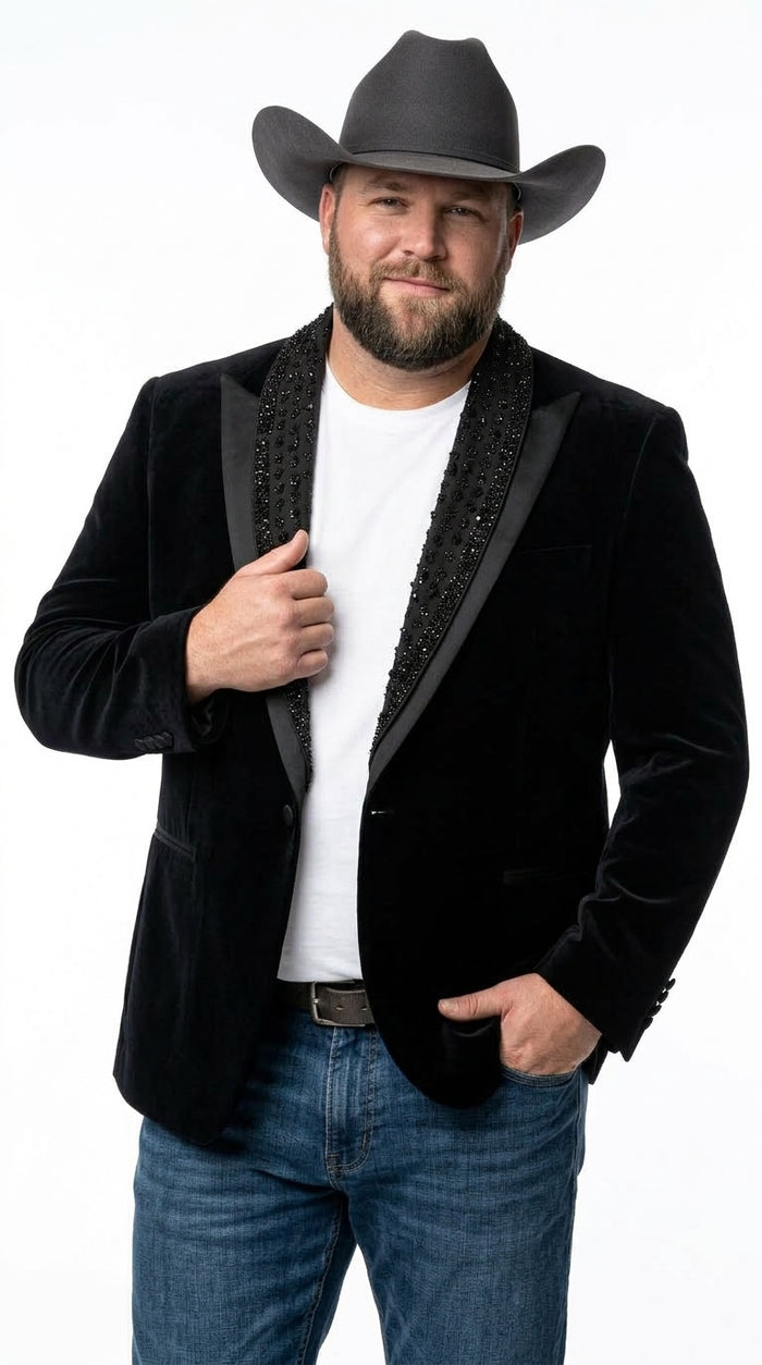 Men’s Black Velvet Western Blazer – Rhinestone Formal Cowboy Sport Jacket Removable Rhinestone Glitter Lapel
