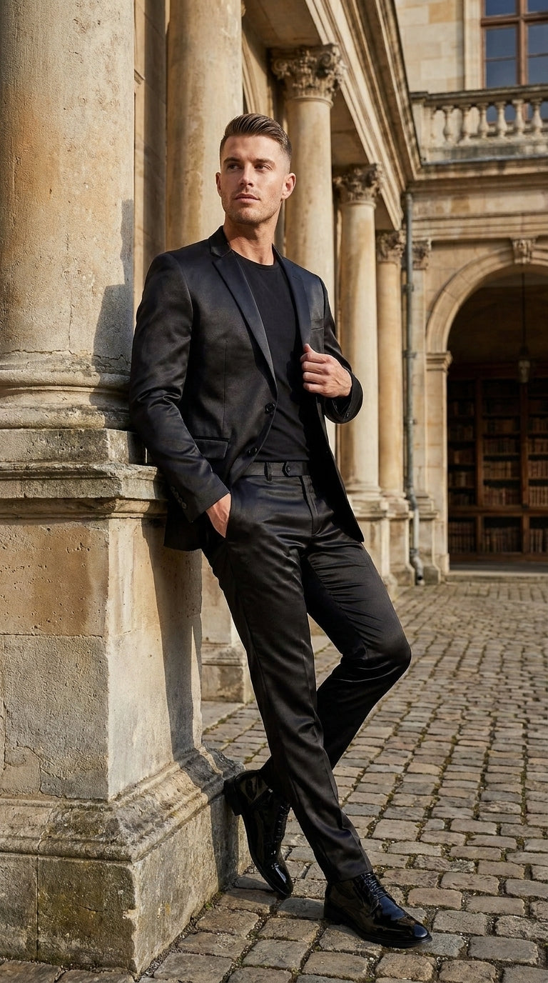 Men’s Black Shiny Sharkskin 2 Piece Suit, Formal Wedding Prom Party Dress Suit - 34 Short or Extra Small