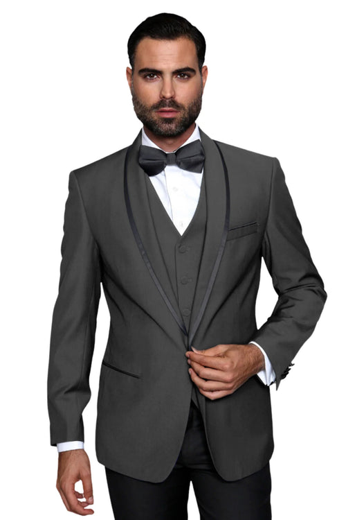 3-Piece Tailored Fit Wool Suit with Bow Tie and Flat Front Pants - Charcoal